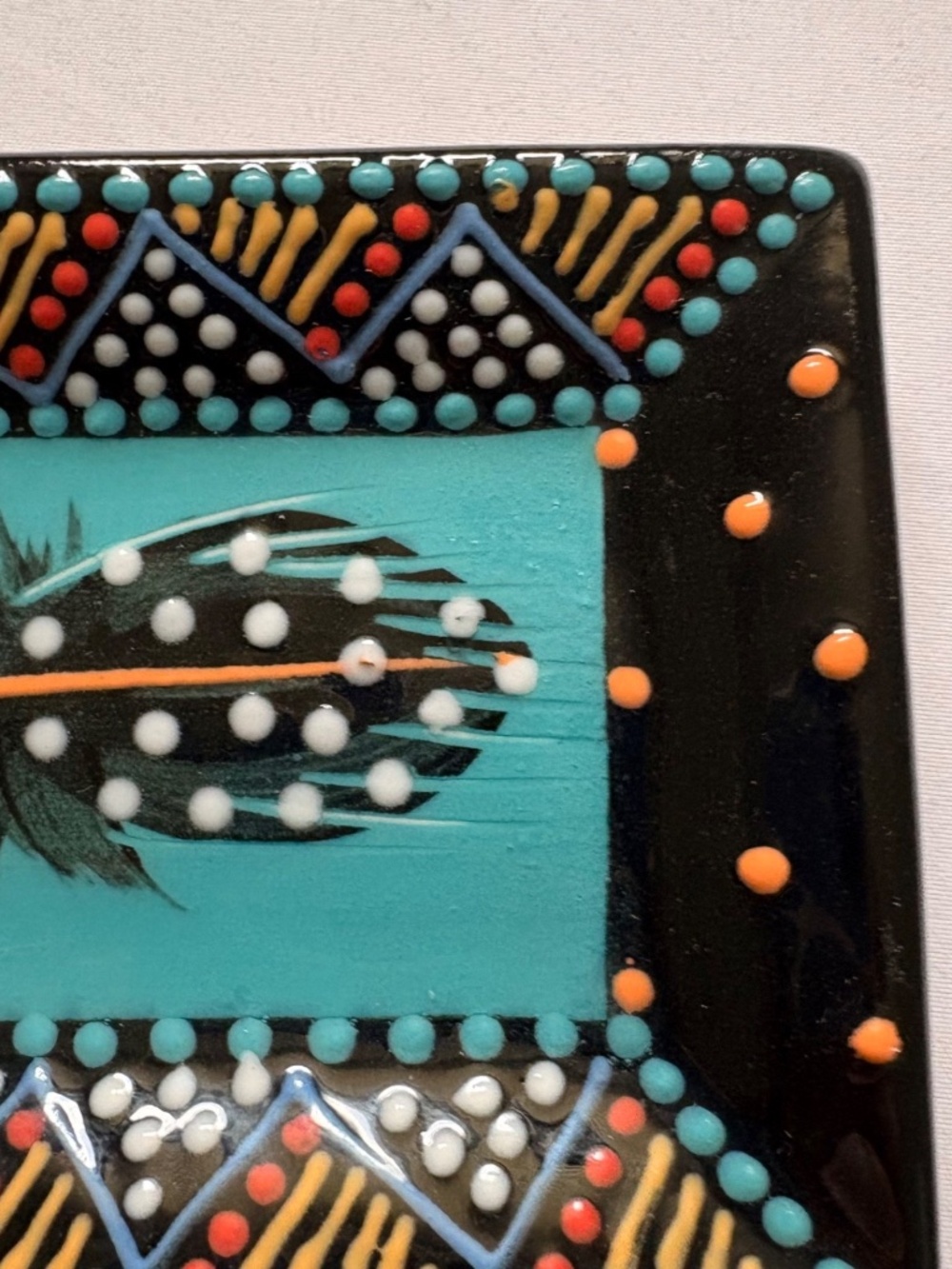 S African Hand Painted Signed Turquoise Ceramic Tray Feather Design 11.5" x 4" - Picture 2 of 6